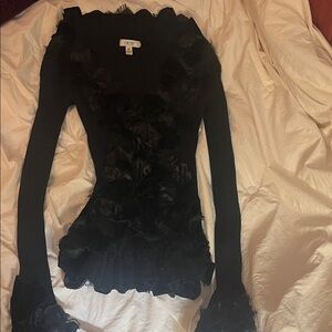 Cache Black Floral Appliqué Ribbed V-Neck Top